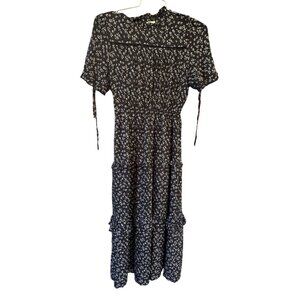 Bohme Black Floral Ruffle Maxi Dress Women's Small Short Sleeves Rayon/Polyester